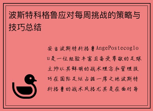 波斯特科格鲁应对每周挑战的策略与技巧总结
