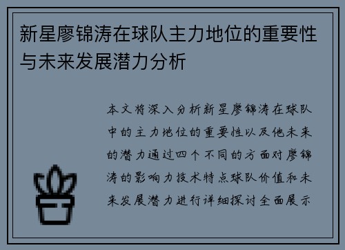 新星廖锦涛在球队主力地位的重要性与未来发展潜力分析