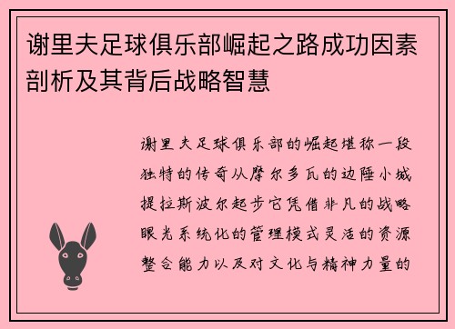 谢里夫足球俱乐部崛起之路成功因素剖析及其背后战略智慧